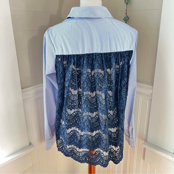 Anthropologie English Factory Blue & White Striped Cotton Shirt w/ Lace Back - Picture 10 of 13